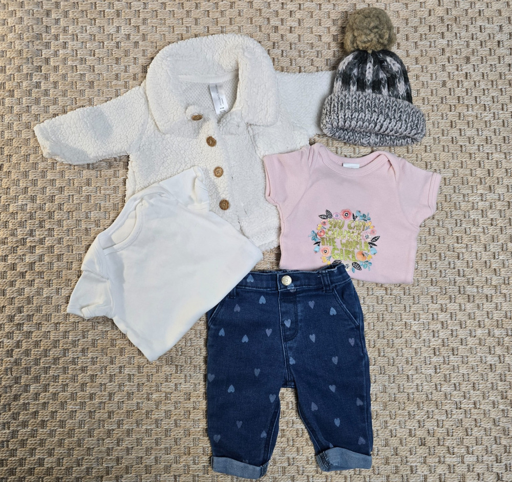 Modern Moments 0-3M Baby Girl Winter Outfit Bundle Jeans Cozy Jacket Beanie Fall